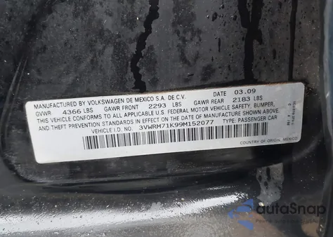 2009 Volkswagen Jetta Se из США, поврежденный, VIN 3VWRM71K99M152077